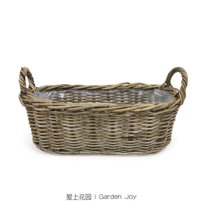 爱上花园|园艺杂货手工藤编篮子花篮草花套盆收纳 双把椭圆平底篮
