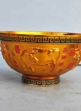 古做玩杂项收藏复古旧浮雕牛五艺图茶碗R111老铜器工品摆件