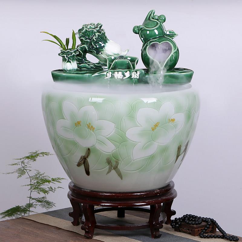 景德镇陶瓷鱼缸流水喷泉家用锦鲤缸特大号养鱼盆落地加湿造景摆件