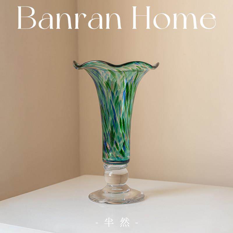 中古高脚防风灯琉璃花瓶摆件半然轻奢高级感客厅水培餐桌装饰品花