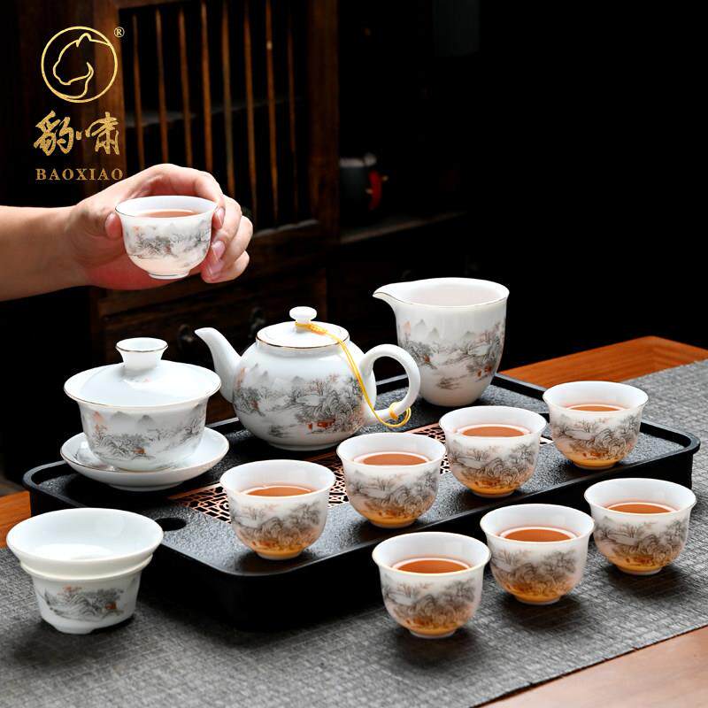 景德镇汝窑冰种羊脂玉白瓷功夫茶具套装家用办公泡茶壶盖碗茶杯陶