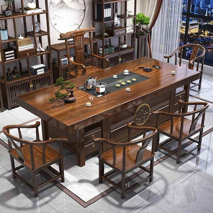 大板茶桌椅组合一桌五椅办公室茶几简约客厅家用新中式泡茶台实木