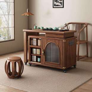 黑胡桃实木移动茶桌阳台小户型可旋转茶车茶水柜沙发边柜客厅茶台