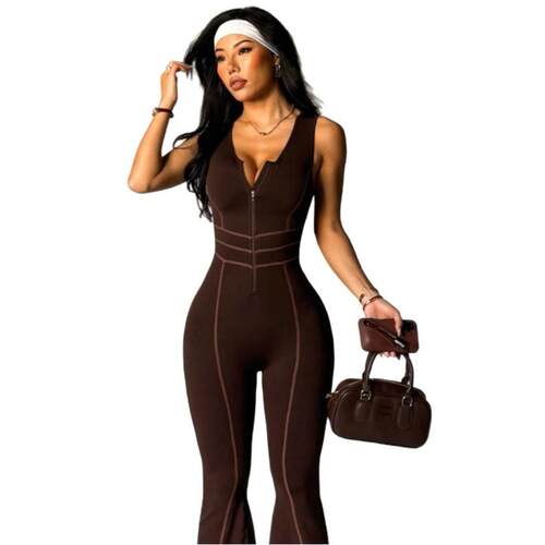 Sports yoga red zipper jumpsuit flared pants