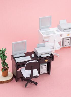 1:12娃娃屋dollhouse迷你家具模型办公场景 电脑桌椅办公用品套装
