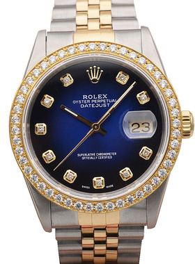 正品[9.8新]劳力士日志型稀有渐变蓝盘后镶钻自动机械男表16233