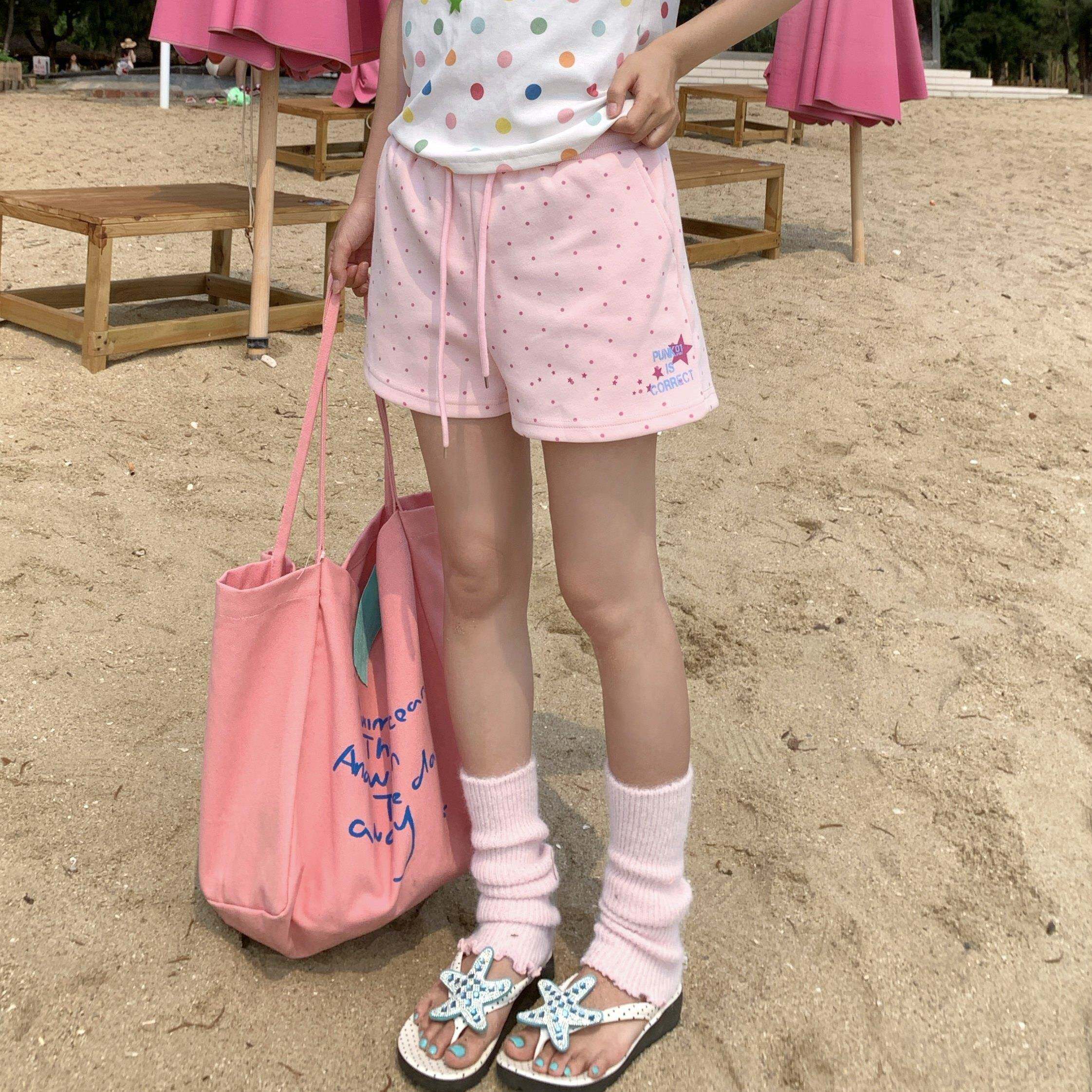 GTGA 美式潮牌波点印花抽绳三分裤女2026夏季辣妹多巴胺直筒短裤