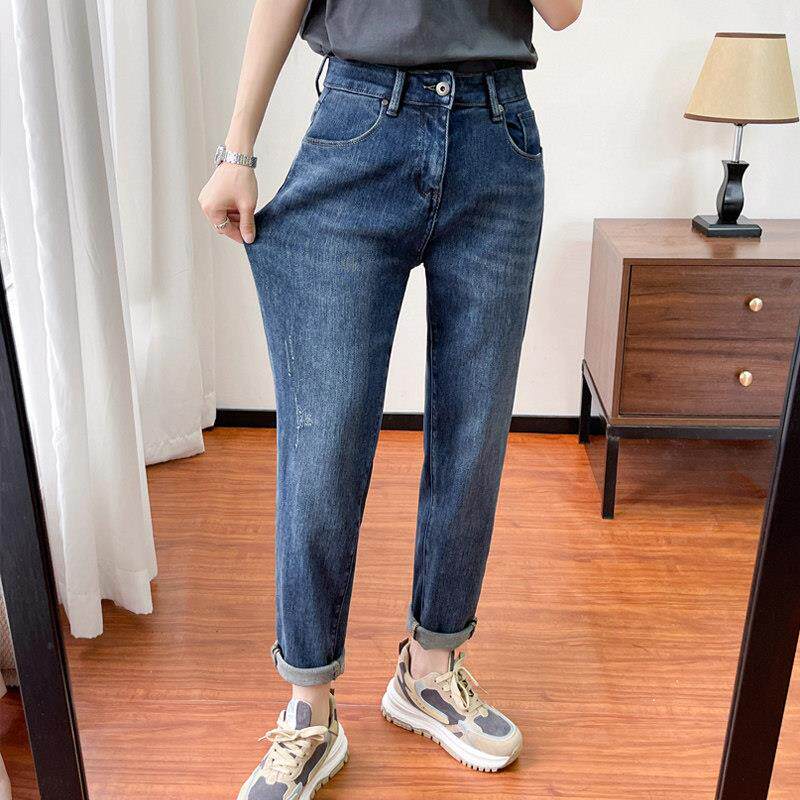 梨形身材九分直筒牛仔裤女2025夏季大尺码胖妹妹高腰弹力烟管哈伦