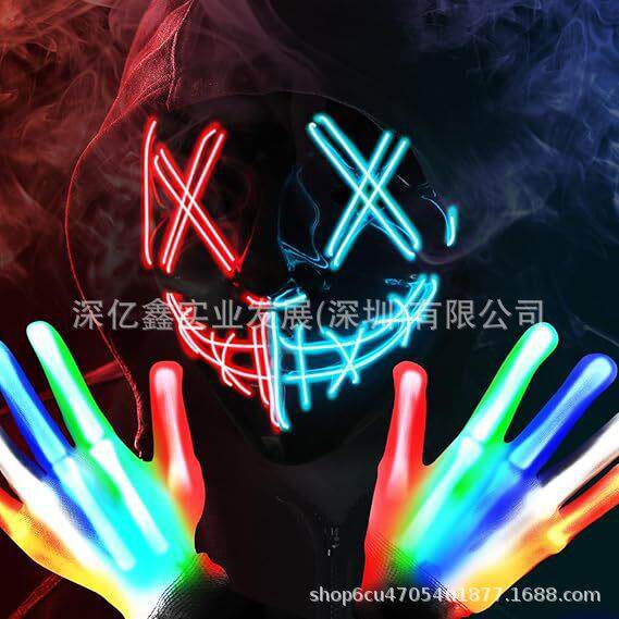 跨境万圣节鬼节骷髅发光手套酒吧聚会led手套V字仇杀面具手套套装