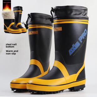 高筒加绒保暖防滑钢钉底冬天加厚男女款钓鱼防滑款雨鞋水鞋胶鞋