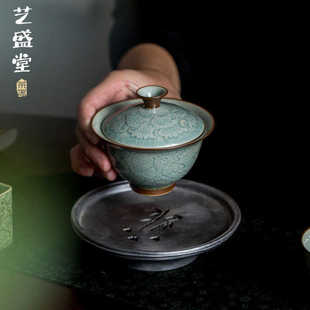 蜜合釉浮雕牡丹婴三才盖碗茶杯单个陶瓷茶碗带盖不烫手家用泡茶器