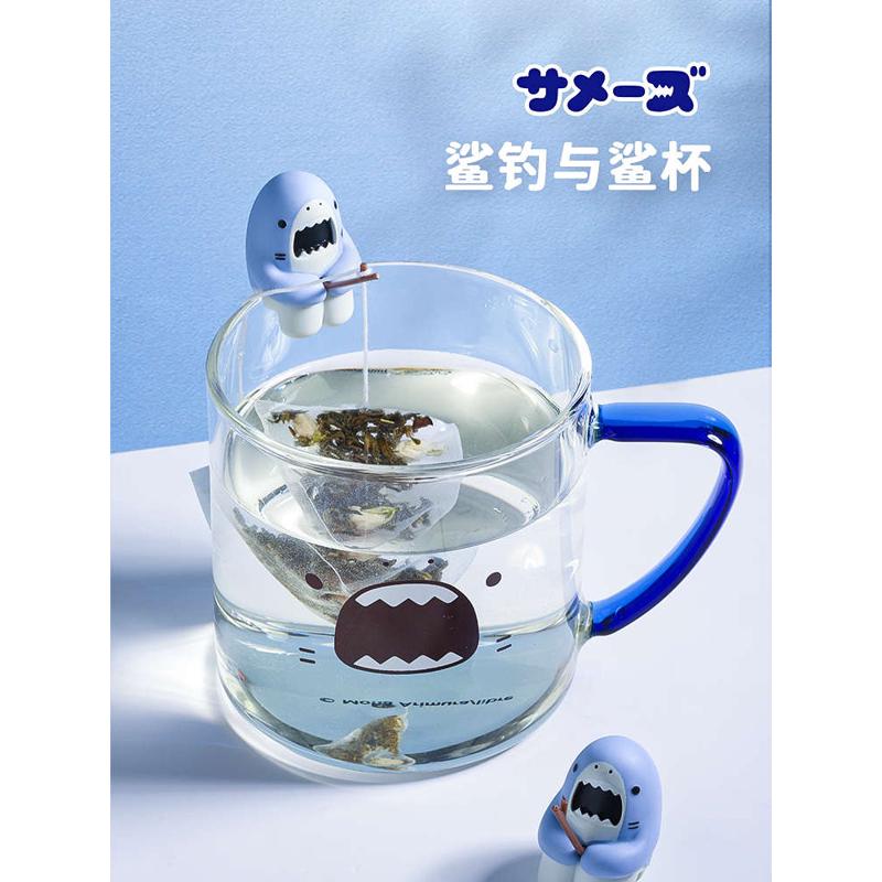 正版SAME-Z鲨鱼君高硼硅玻璃杯耐热防爆鲨杯 鲨钓泡茶器 杯缘公仔