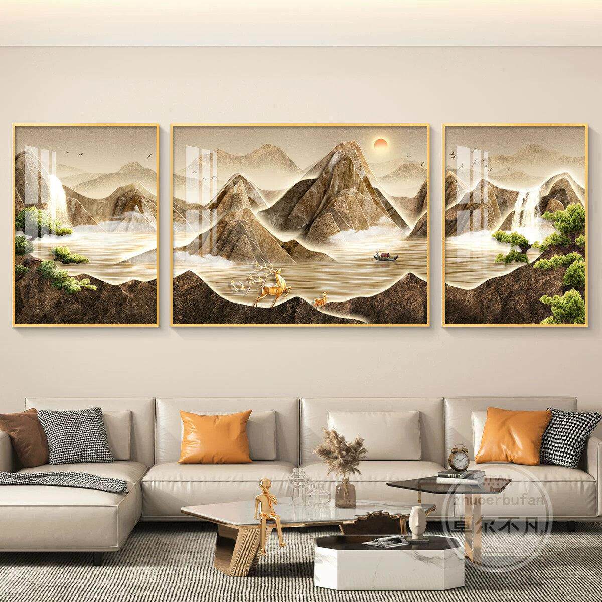 流水生财客厅装饰画山水画新中式大气沙发背景墙挂画茶室三联壁画