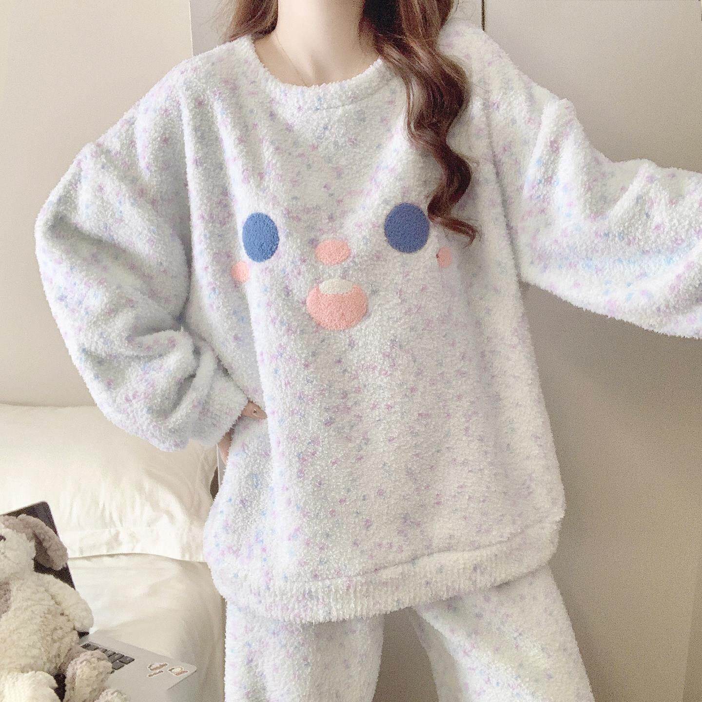 半边绒睡衣女款2026新款冬季加厚珊瑚绒笑脸甜美秋冬天家居服套装