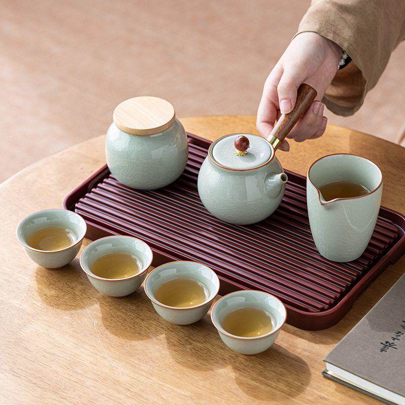 哥窑侧把壶旅行茶具茶盘套装便携式户外露营陶瓷茶壶随身泡茶器