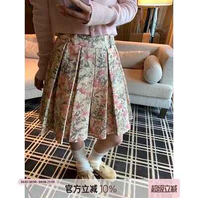 孔真烦呐 复古碎花百褶半身裙女2026新款油画感高腰显瘦A字短裙