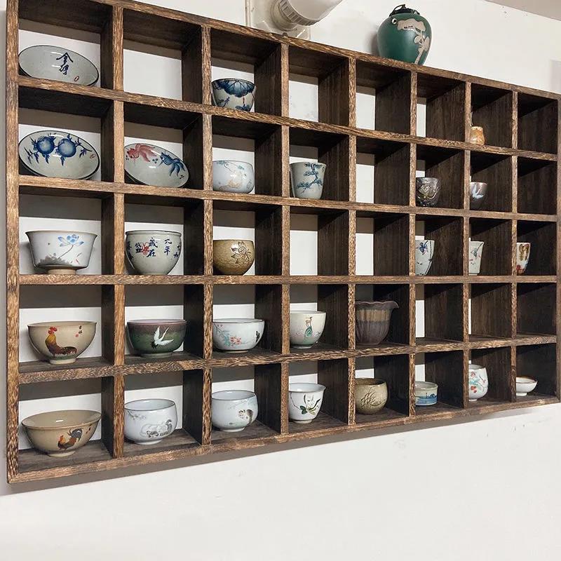 实木格子博古架收纳茶壶架子壁挂式茶杯架多宝阁置物架墙上茶具架