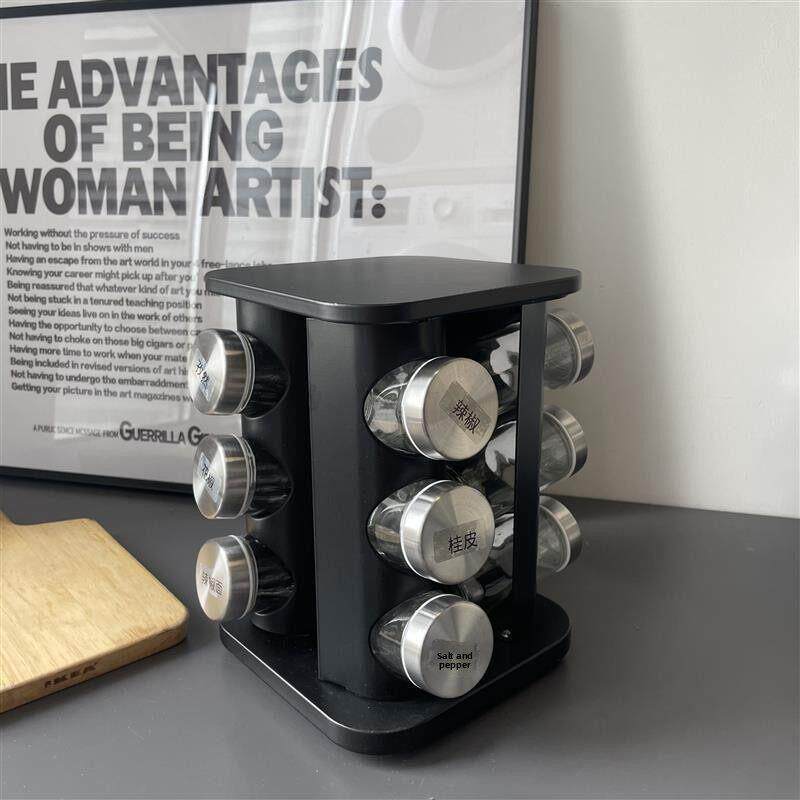 黑色旋转瓶收纳架北欧风WPWDpaAa调钢银色不锈调味罐厨房用品套料