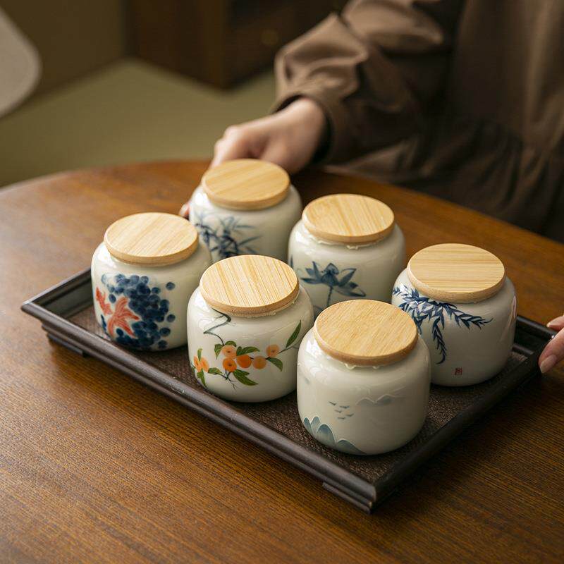 釉下彩手绘密封罐茶叶罐陶瓷香粉迷你小号普洱红绿茶存茶便携