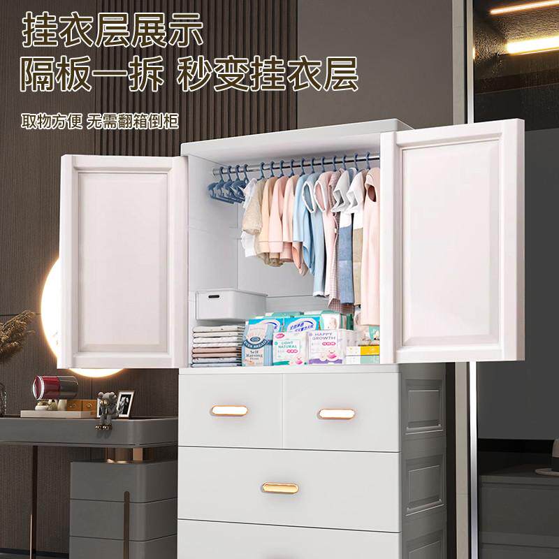 60CM宽加厚儿童衣柜简易卧室塑料柜子欧式双开门抽屉式挂衣收纳柜