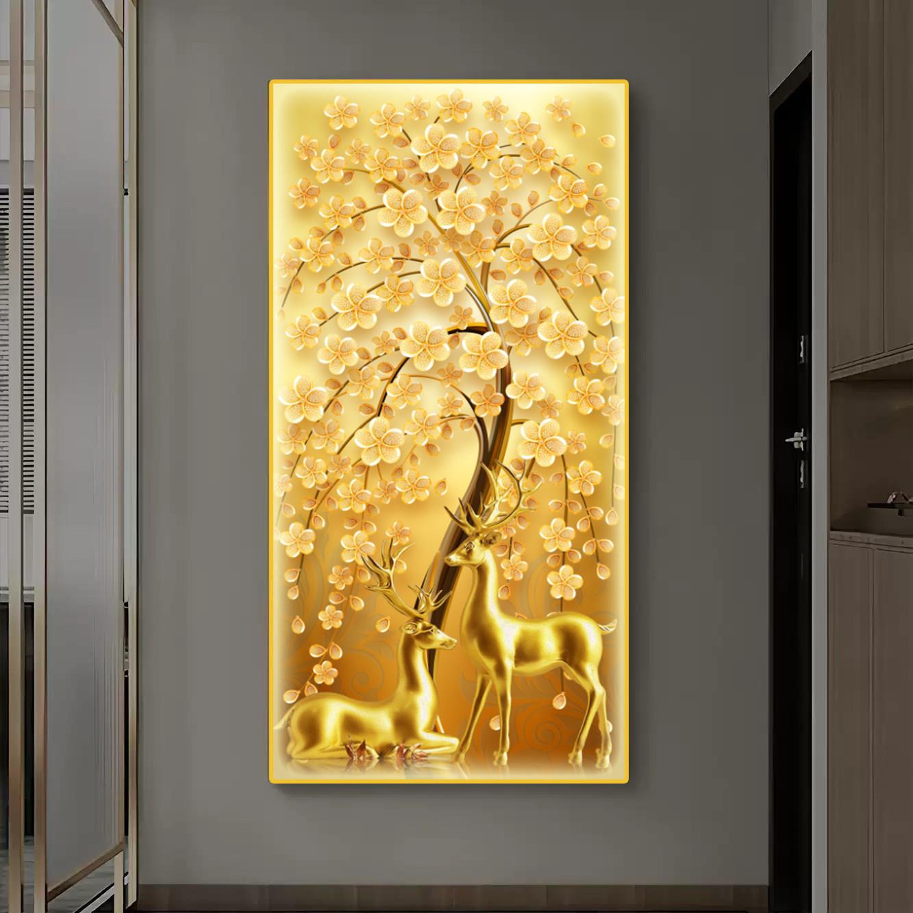 玄关摇钱树装饰画晶瓷画入户客厅竖版壁画新中式LED画摇钱树挂画