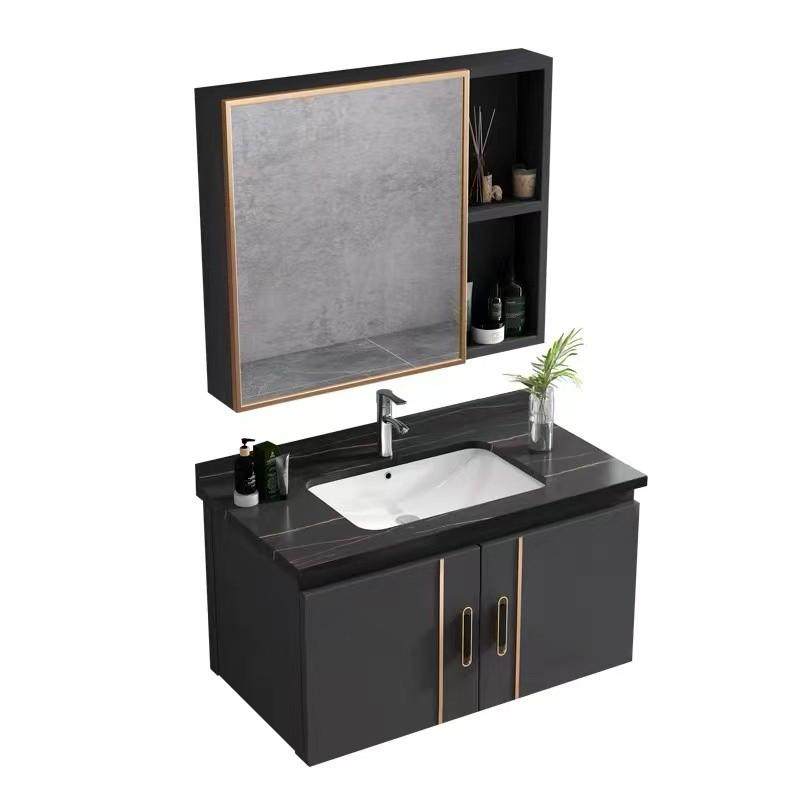 灰色岩板浴室柜陶瓷一体盆卫生间洗脸手盆小户型台面一体镜柜组合