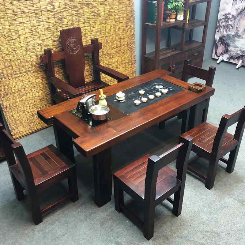 正品船木茶桌椅组茶合1米8实用木桌泡茶台家办公老室功夫喝茶桌小