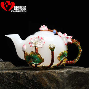 中式 单壶家用泡茶功夫茶具套装 白玉瓷茶壶珐琅彩过滤网琉璃提梁壶