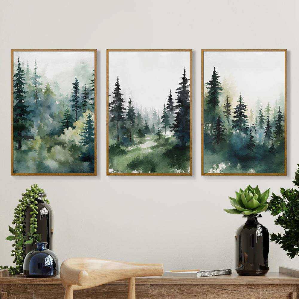 亚马逊北欧简约森林风景客厅带框帆布画挂画小清新三联卧室装饰画