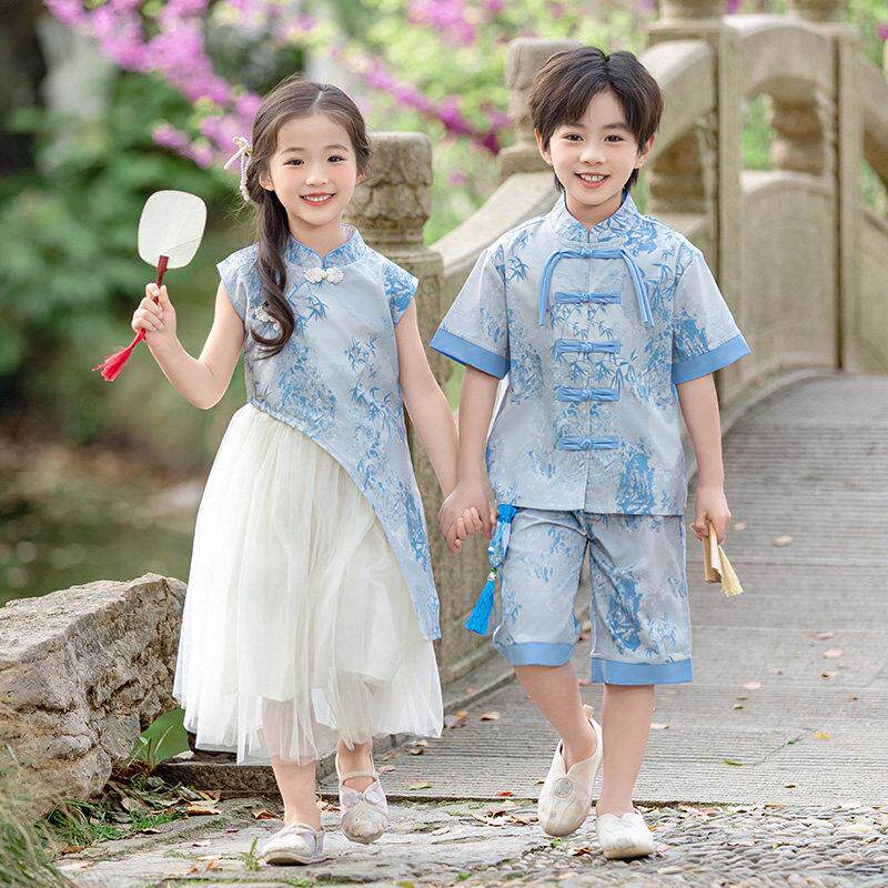 儿.童短袖江山如画汉服古装中国风唐装幼儿园诗歌朗诵六一表演服
