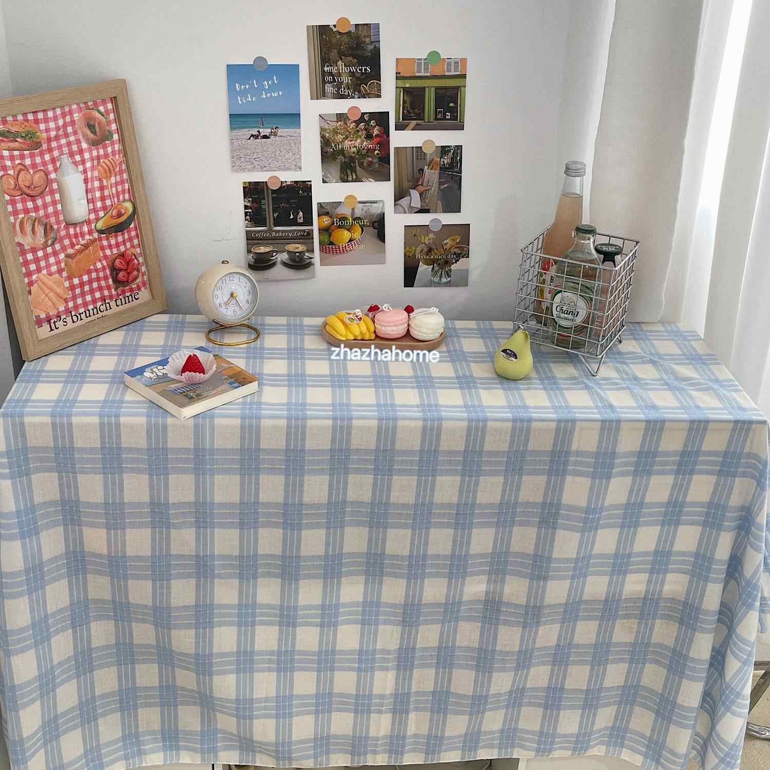 扎扎home ins奶蓝格子桌布盖布餐桌布学生宿舍书桌台布拍照背景布
