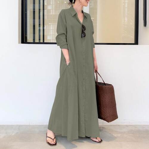 Cotton and linen collar long sleeved pocket long shirt