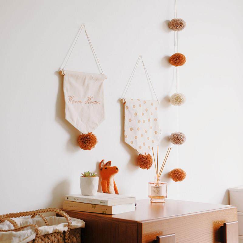 布艺挂旗ins北欧帆布印花刺绣毛球挂饰儿童房家居装饰墙面吊饰,家居饰品,壁饰,淘宝优惠券,粉丝福利购,淘宝优惠卷