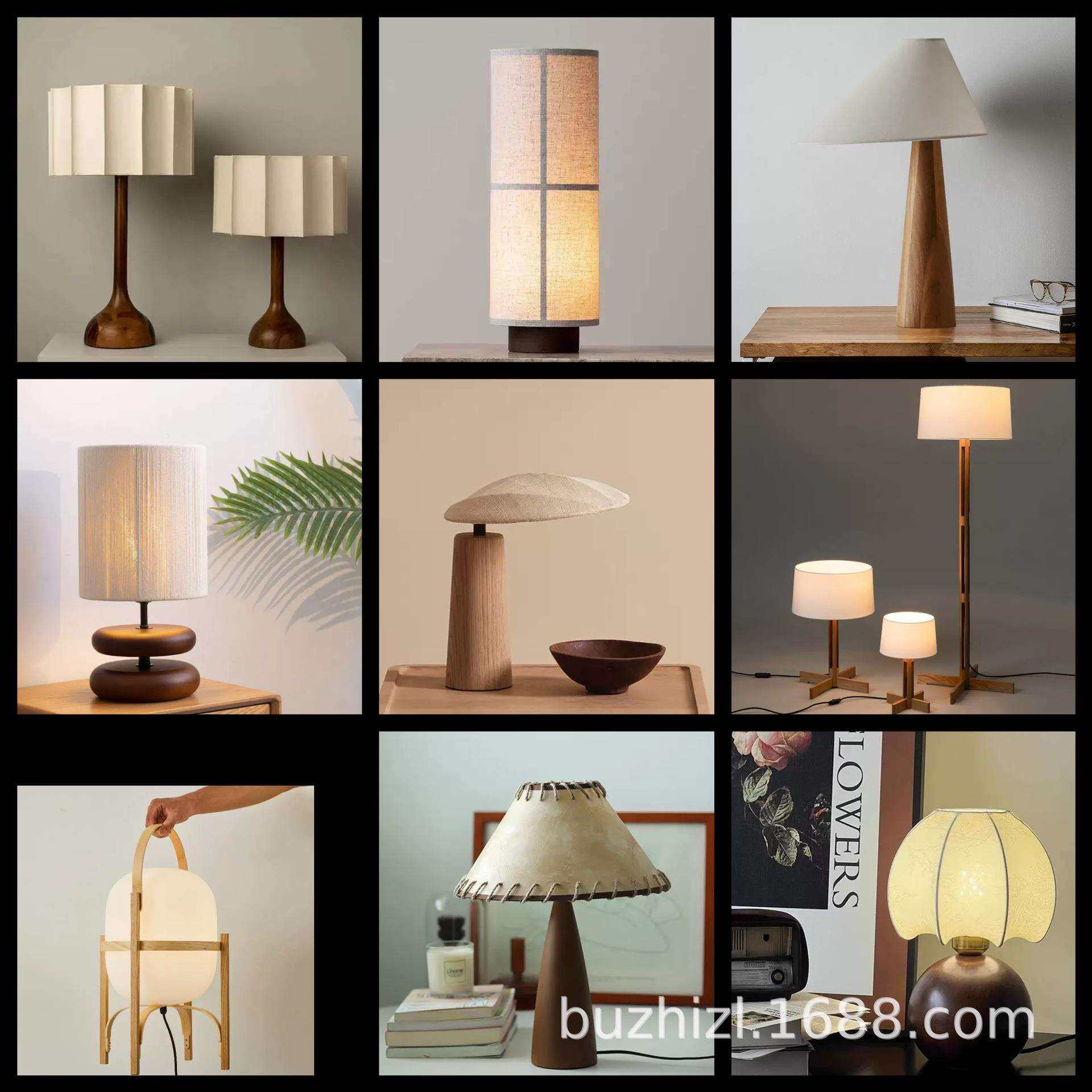 中古实木台灯新中式设计师款床头台灯复古样板间布罩装饰木艺灯