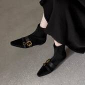 春季 复古方头低跟皮带扣弹力瘦瘦靴女2026秋冬新款 气质后拉0128ed