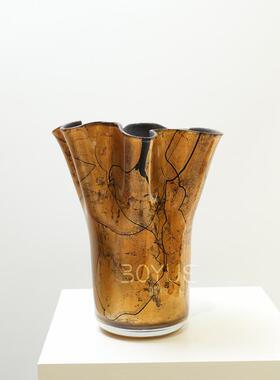 中古简约鎏金大花瓣口琉璃花器摆件设计师样板间售楼处客厅软装饰