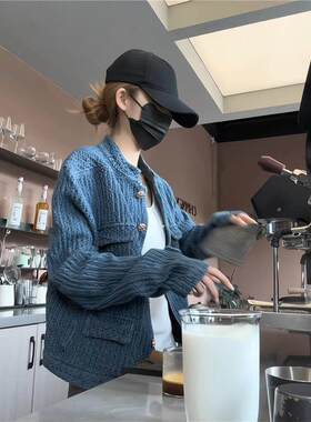 美式复古蓝色肌理感牛仔小香风外套女春秋宽松高级感立领夹克上衣