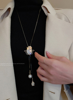 郁金香韩国气质猫眼毛衣洋气项链