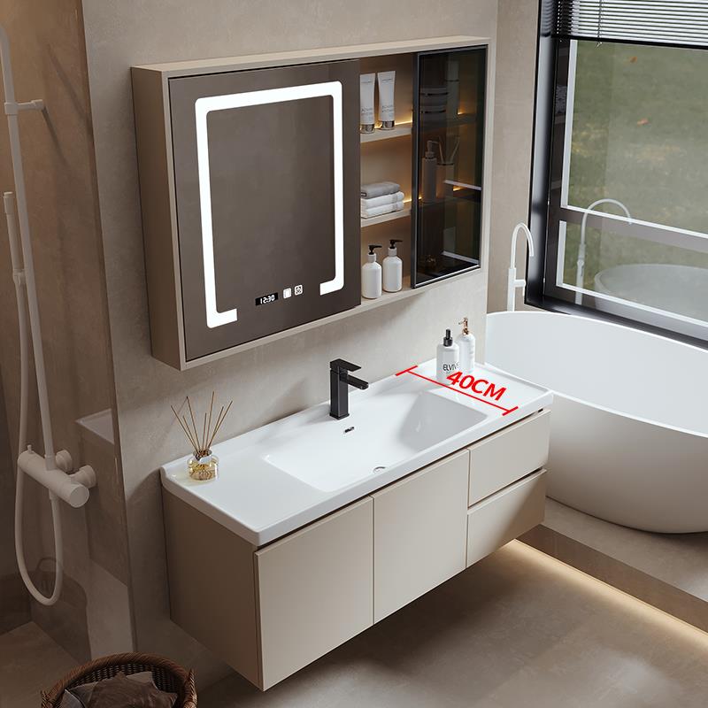 40进深陶瓷一体盆浴室柜组合小户型奶油风卫生间洗手洗脸盆洗漱台