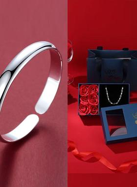 高档贵妃纯银手镯99开妈9镯女子口简约光面饰品七夕礼物送女友妈