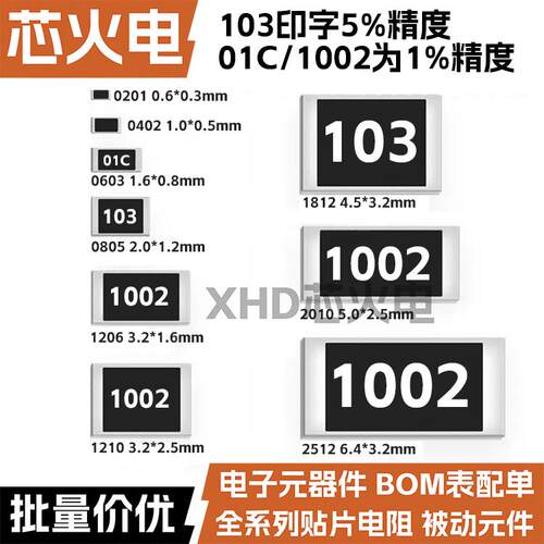 10K欧 贴片电阻精度5%/1%网版印刷:103/1002/01C 0603 0805 1206