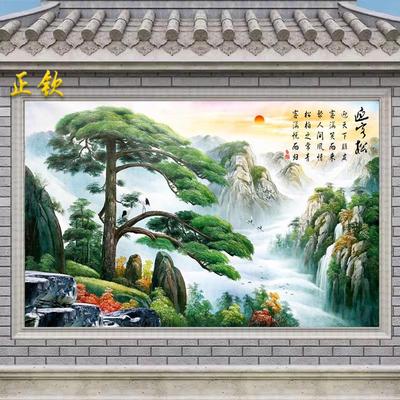 定制户外山水风景壁画影壁照壁迎门墙瓷砖背景墙迎客松松鹤延年