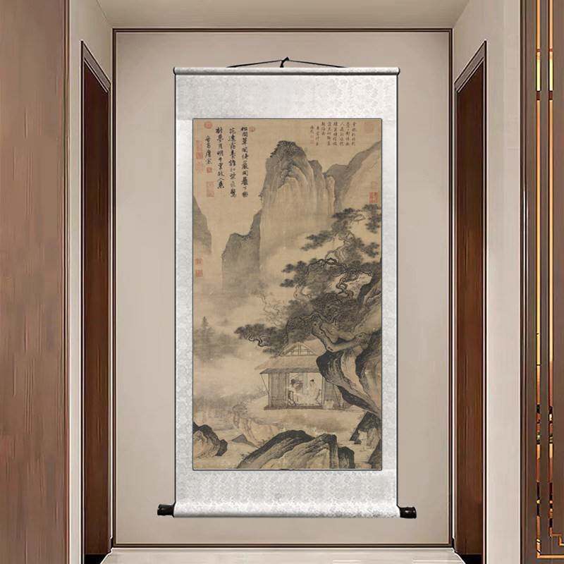唐寅唐伯虎山水画卷轴挂画复古国画客厅茶室办公室装饰画送礼字画