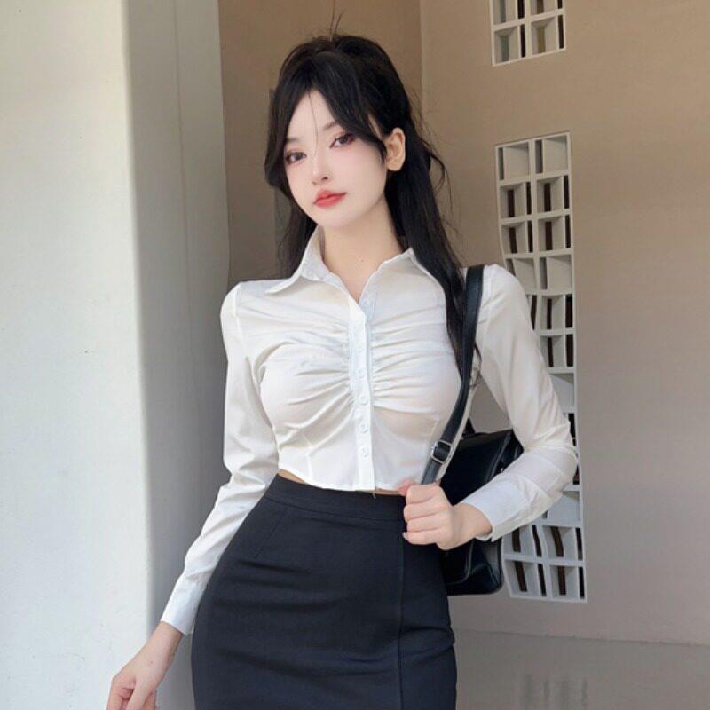 春白色衬衫女上衣短款辣妹纯欲风修身褶皱足浴技师工作服长袖衬衫