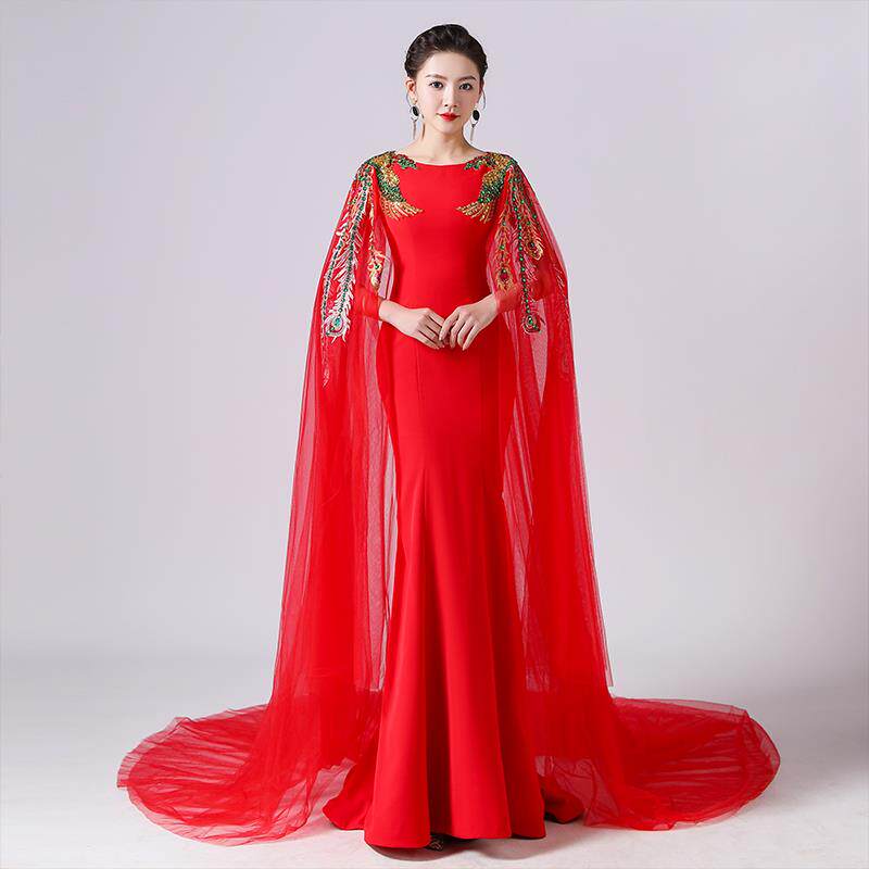 正品中国风古筝演出服女鱼成人年会红晚色服主持人模特礼走秀尾礼