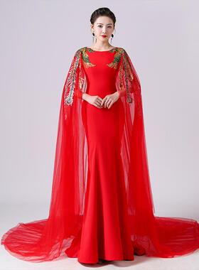 高档国风筝演出服中女成人年会特红色晚礼服主持人模走秀鱼尾礼古