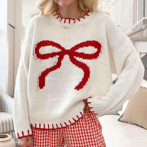 Women'S Contrast Trim Bow Pattern Drop Shoulder Knitted