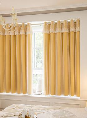 023新款2免打孔安窗免打孔黄帘送伸缩杆双蕾丝飘窗卧装室布纱一体
