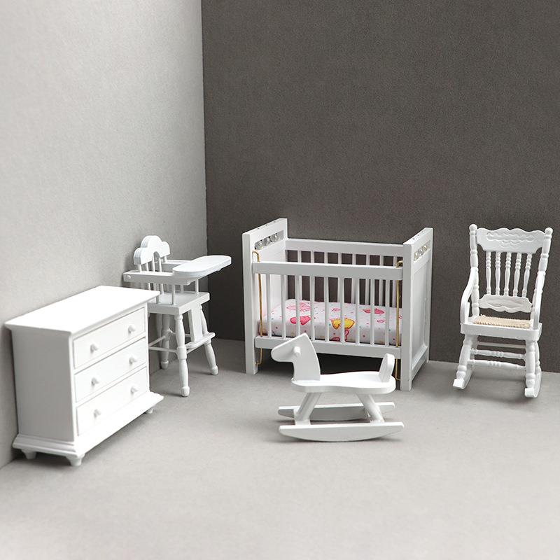 1:12娃娃屋dollhouse迷你家具白色儿童房套装儿童床摇摇马摇椅柜