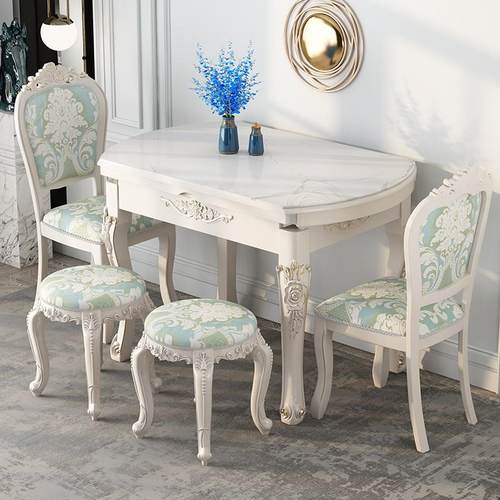 新款奶油风缩岩板折叠餐桌椅组小合方两圆用简约伸实木饭桌子家用